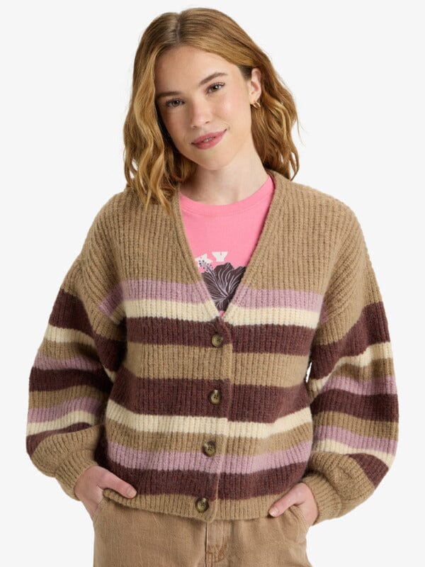 Marble Tiles Stripe Cardigan - Woodsmoke Women's Knitwear Roxy S